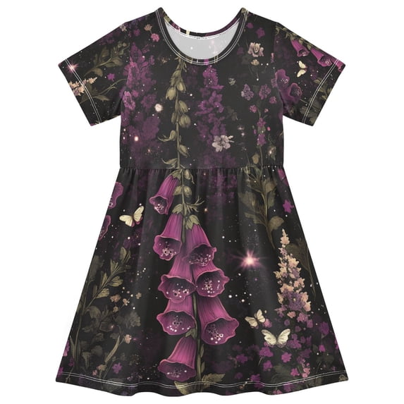 FORMRS Girls Short Sleeve Dress Summer Casual Round Neck A-line Beach Sundress, Sizes 2T-8T, Dark Purple Floral Pattern