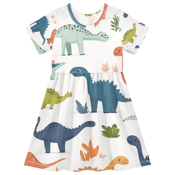FORMRS Girls Short Sleeve Dress Summer Casual Round Neck A-line Beach Sundress, Sizes 2T-8T, Dinosaur Pattern