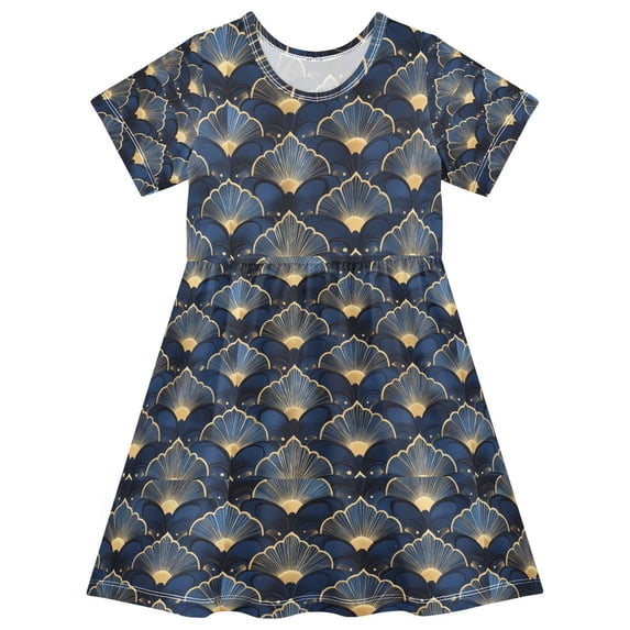 FORMRS Girls Short Sleeve Dress Summer Casual Round Neck A-line Beach Sundress, Sizes 2T-8T, Elegance Art Pattern