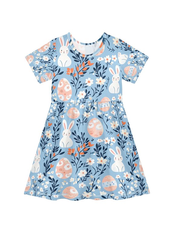 Girls Short Sleeve Dress Summer Casual Round Neck A-line Beach Sundress, Sizes 2T-8T, Floral Easter Rabbits