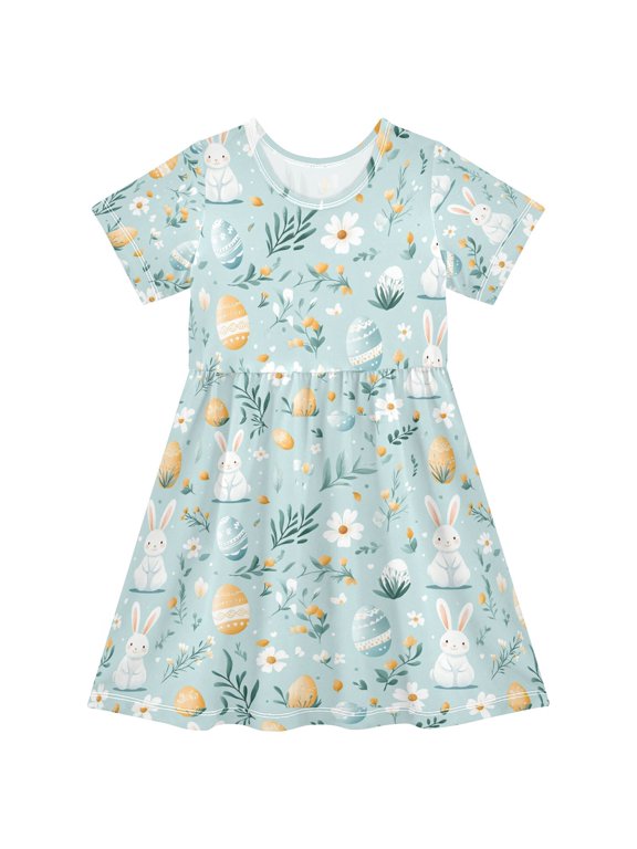 Girls Short Sleeve Dress Summer Casual Round Neck A-line Beach Sundress, Sizes 2T-8T, Floral Easter