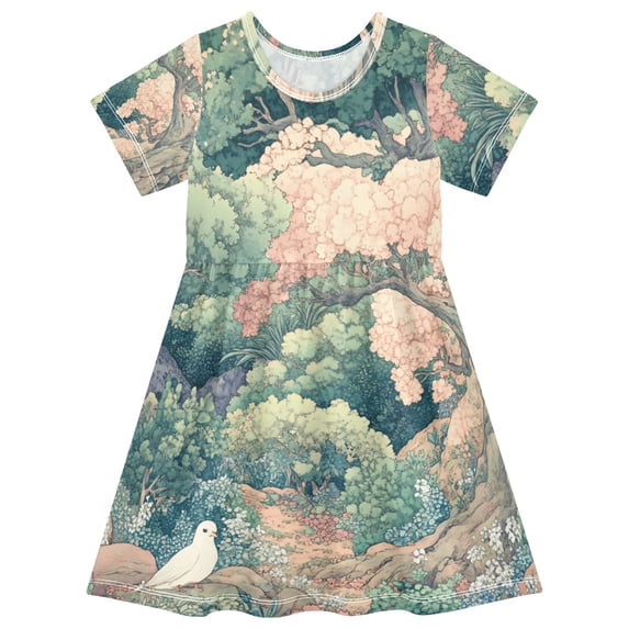FORMRS Girls Short Sleeve Dress Summer Casual Round Neck A-line Beach Sundress, Sizes 2T-8T, Floral Forest Pattern
