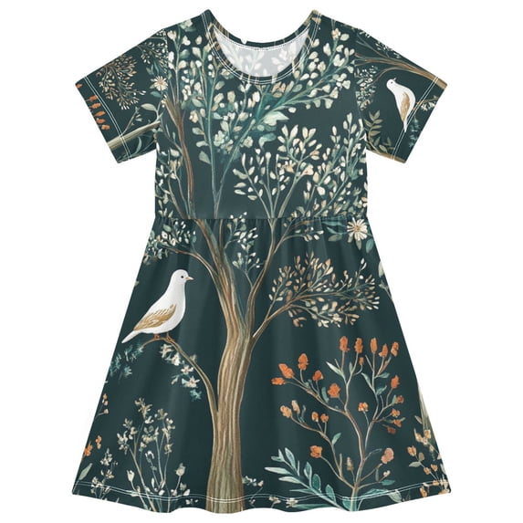 FORMRS Girls Short Sleeve Dress Summer Casual Round Neck A-line Beach Sundress, Sizes 2T-8T, Floral Forest Scene
