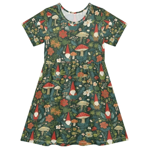 FORMRS Girls Short Sleeve Dress Summer Casual Round Neck A-line Beach Sundress, Sizes 2T-8T, Forest Mushroom Pattern