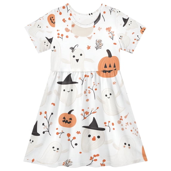 FORMRS Girls Short Sleeve Dress Summer Casual Round Neck A-line Beach Sundress, Sizes 2T-8T, Ghost Design