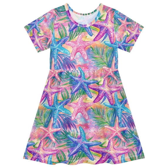 FORMRS Girls Short Sleeve Dress Summer Casual Round Neck A-line Beach Sundress, Sizes 2T-8T, Gradient Starfish Pattern