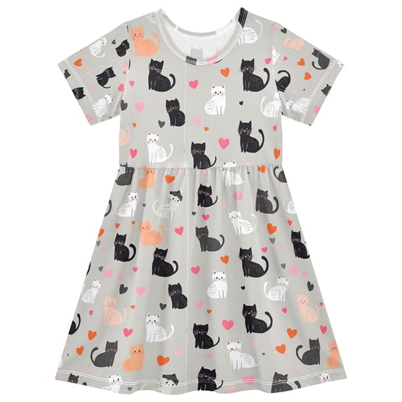 FORMRS Girls Short Sleeve Dress Summer Casual Round Neck A-line Beach Sundress, Sizes 2T-8T, Gray Cartoon Pattern