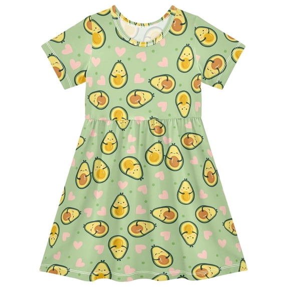 FORMRS Girls Short Sleeve Dress Summer Casual Round Neck A-line Beach Sundress, Sizes 2T-8T, Green Avocado Pattern