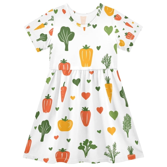 FORMRS Girls Short Sleeve Dress Summer Casual Round Neck A-line Beach Sundress, Sizes 2T-8T, Green Cute Vegetables
