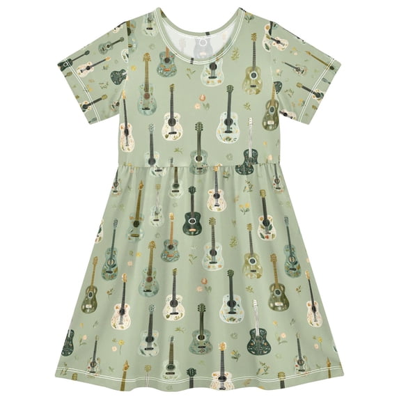 FORMRS Girls Short Sleeve Dress Summer Casual Round Neck A-line Beach Sundress, Sizes 2T-8T, Green Floral Guitar Pattern