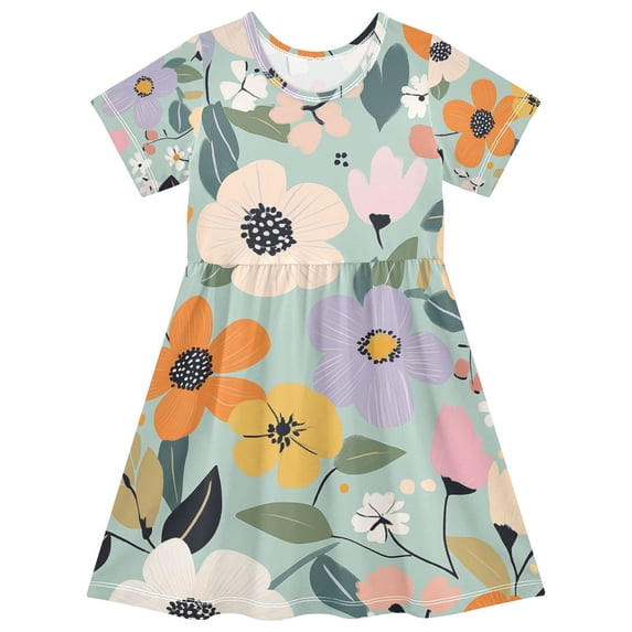 FORMRS Girls Short Sleeve Dress Summer Casual Round Neck A-line Beach Sundress, Sizes 2T-8T, Green Floral Pattern