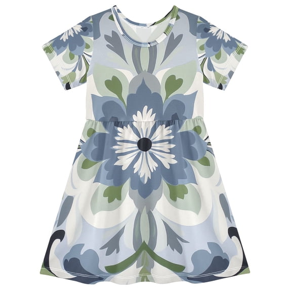 FORMRS Girls Short Sleeve Dress Summer Casual Round Neck A-line Beach Sundress, Sizes 2T-8T, Green Floral
