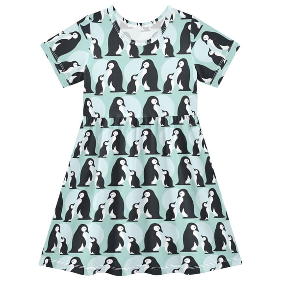 FORMRS Girls Short Sleeve Dress Summer Casual Round Neck A-line Beach Sundress, Sizes 2T-8T, Green Penguins Pattern
