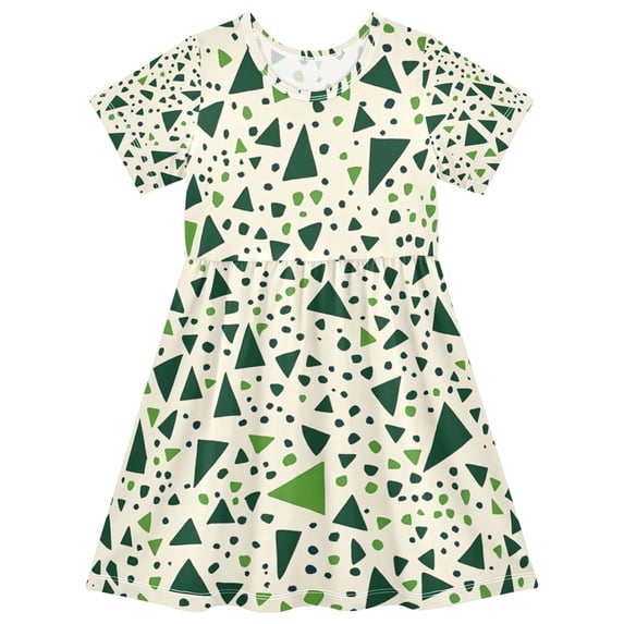 FORMRS Girls Short Sleeve Dress Summer Casual Round Neck A-line Beach Sundress, Sizes 2T-8T, Green Triangles Pattern