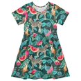 thumbnail image 1 of FORMRS Girls Short Sleeve Dress Summer Casual Round Neck A-line Beach Sundress, Sizes 2T-8T, Green Tropical Pattern, 1 of 8