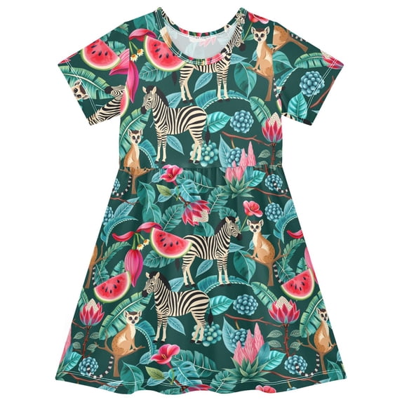 FORMRS Girls Short Sleeve Dress Summer Casual Round Neck A-line Beach Sundress, Sizes 2T-8T, Green Tropical Pattern