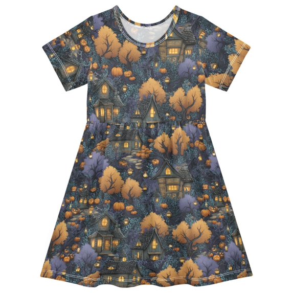 FORMRS Girls Short Sleeve Dress Summer Casual Round Neck A-line Beach Sundress, Sizes 2T-8T, Halloween Houses Pattern
