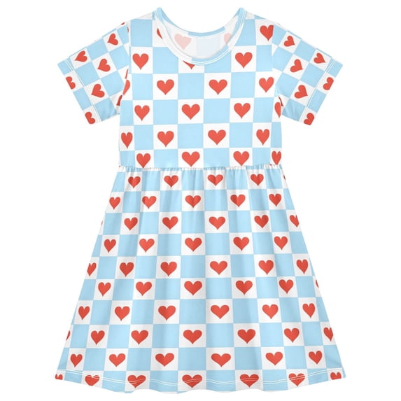 FORMRS Girls Short Sleeve Dress Summer Casual Round Neck A-line Beach Sundress, Sizes 2T-8T, Light Blue Checkered Heart