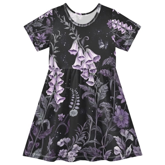 FORMRS Girls Short Sleeve Dress Summer Casual Round Neck A-line Beach Sundress, Sizes 2T-8T, Light Purple Flowers