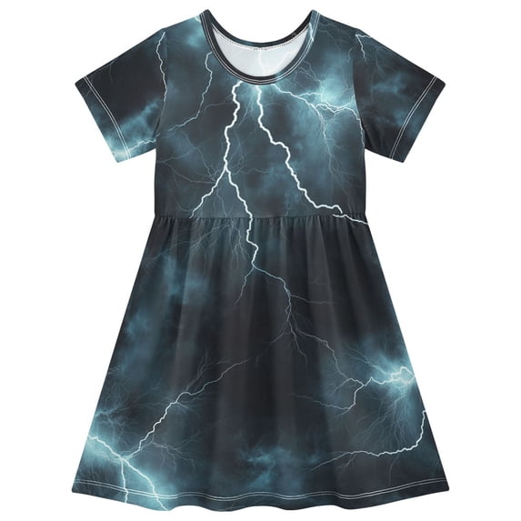 FORMRS Girls Short Sleeve Dress Summer Casual Round Neck A-line Beach Sundress, Sizes 2T-8T, Lightning Pattern