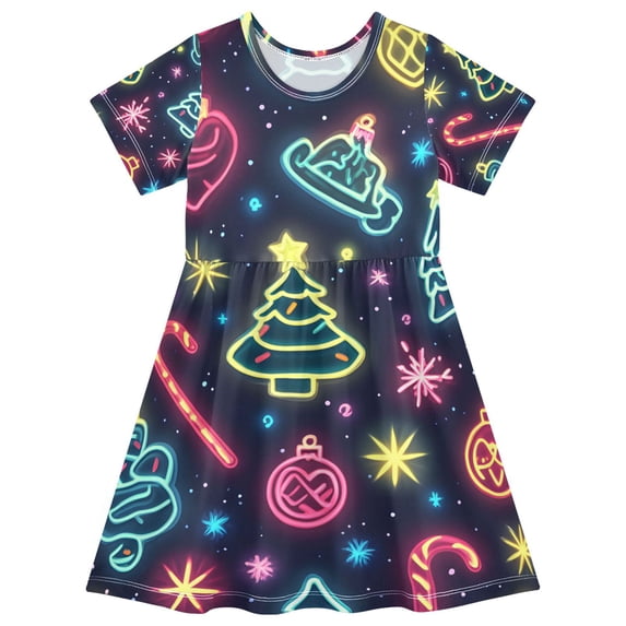 FORMRS Girls Short Sleeve Dress Summer Casual Round Neck A-line Beach Sundress, Sizes 2T-8T, Neon Christmas