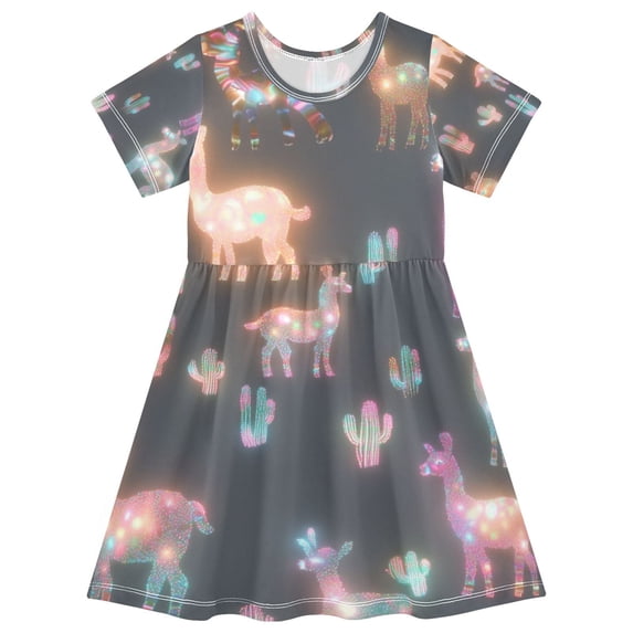 FORMRS Girls Short Sleeve Dress Summer Casual Round Neck A-line Beach Sundress, Sizes 2T-8T, Neon Llamas Pattern