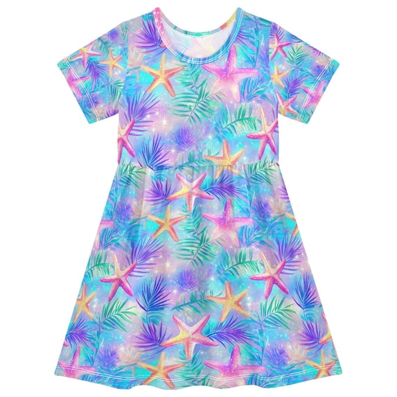 FORMRS Girls Short Sleeve Dress Summer Casual Round Neck A-line Beach Sundress, Sizes 2T-8T, Neon Starfish Pattern