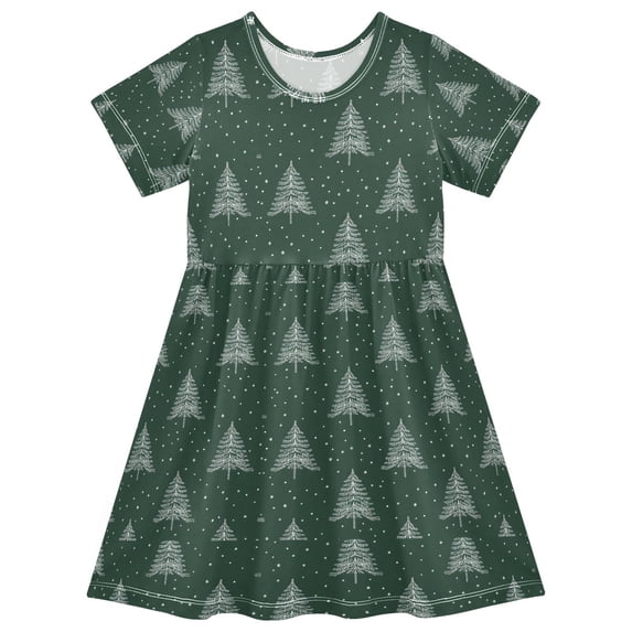 FORMRS Girls Short Sleeve Dress Summer Casual Round Neck A-line Beach Sundress, Sizes 2T-8T, New Year Tree Pattern