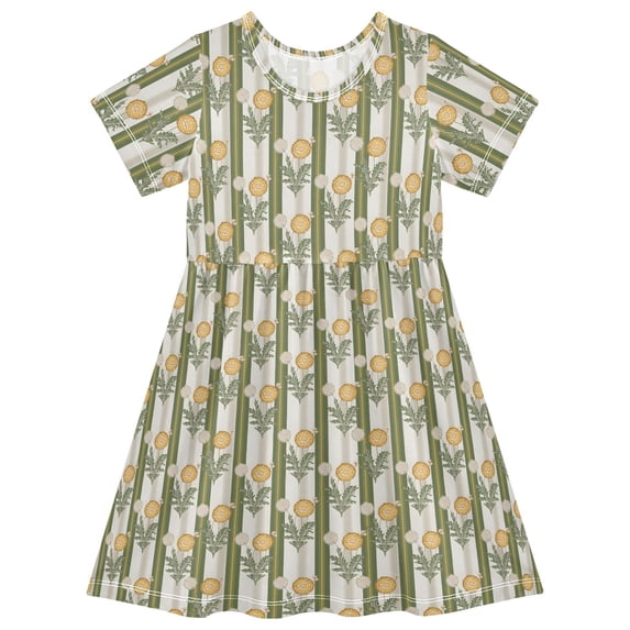 FORMRS Girls Short Sleeve Dress Summer Casual Round Neck A-line Beach Sundress, Sizes 2T-8T, Olive Green Flowers