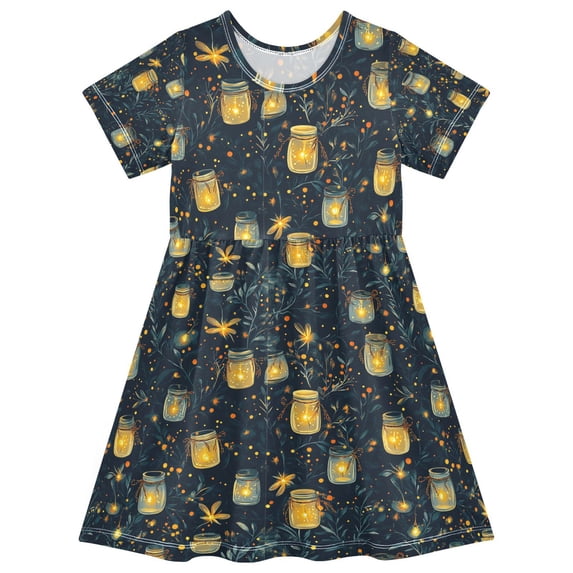FORMRS Girls Short Sleeve Dress Summer Casual Round Neck A-line Beach Sundress, Sizes 2T-8T, Orange Fireflies Pattern
