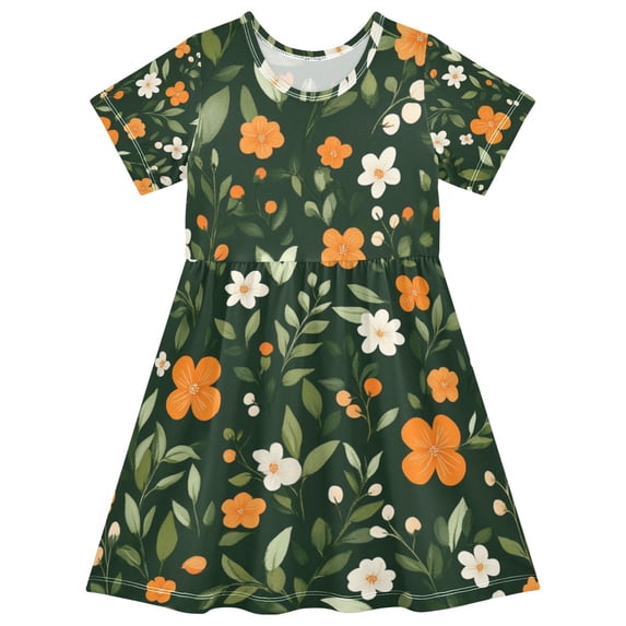 FORMRS Girls Short Sleeve Dress Summer Casual Round Neck A-line Beach Sundress, Sizes 2T-8T, Orange Flowers
