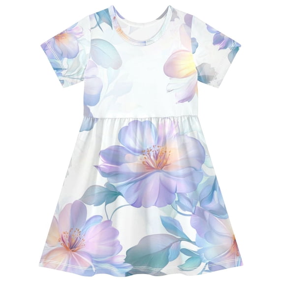 FORMRS Girls Short Sleeve Dress Summer Casual Round Neck A-line Beach Sundress, Sizes 2T-8T, Pastel Flower Pattern