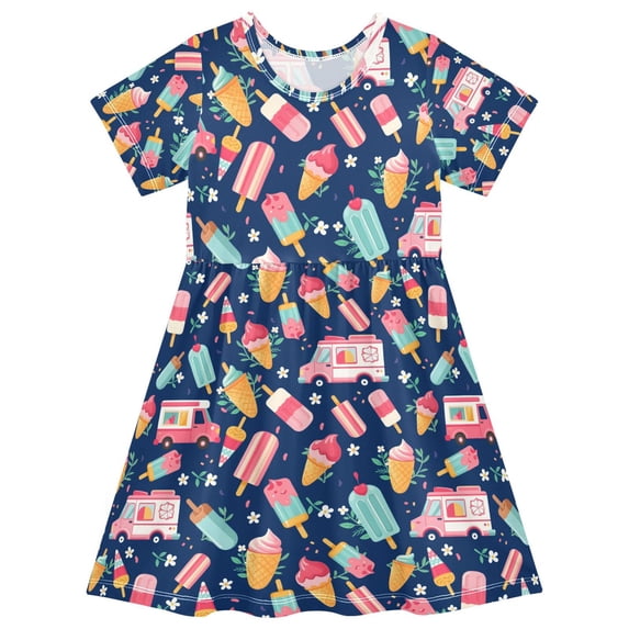 FORMRS Girls Short Sleeve Dress Summer Casual Round Neck A-line Beach Sundress, Sizes 2T-8T, Pink Cartoon Truck Pattern
