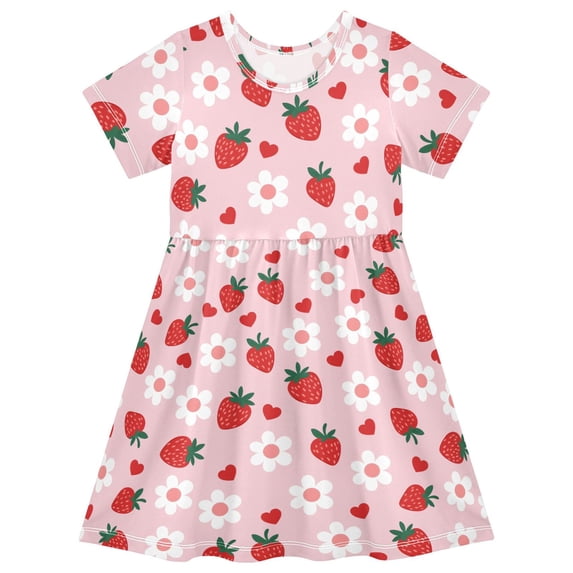 FORMRS Girls Short Sleeve Dress Summer Casual Round Neck A-line Beach Sundress, Sizes 2T-8T, Pink Floral Strawberry Pattern
