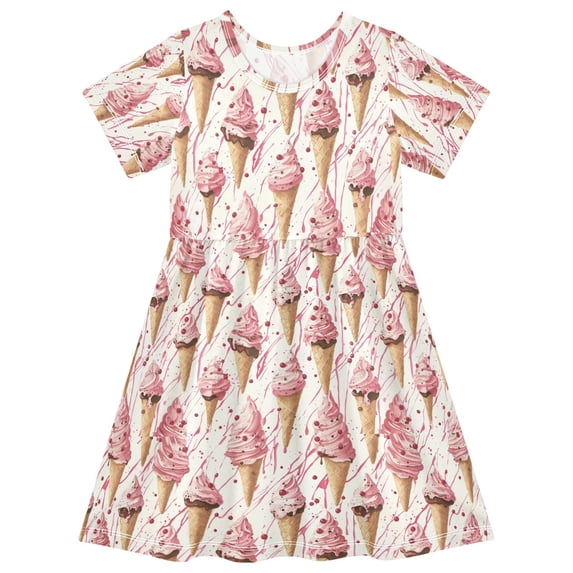 FORMRS Girls Short Sleeve Dress Summer Casual Round Neck A-line Beach Sundress, Sizes 2T-8T, Pink Ice Cream Pattern