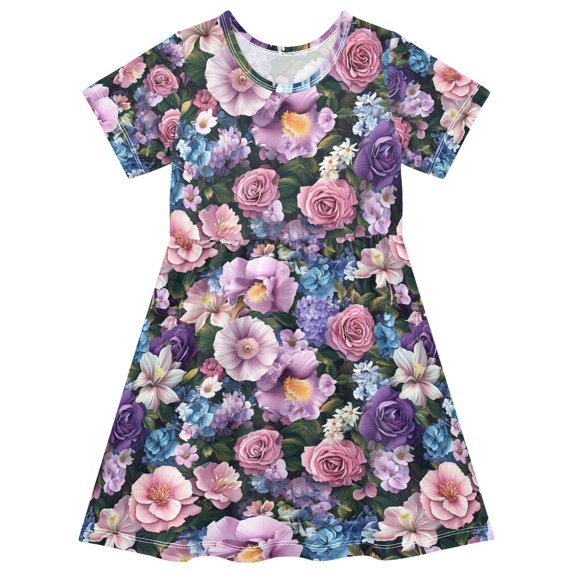 FORMRS Girls Short Sleeve Dress Summer Casual Round Neck A-line Beach Sundress, Sizes 2T-8T, Pink and Purple Flowers
