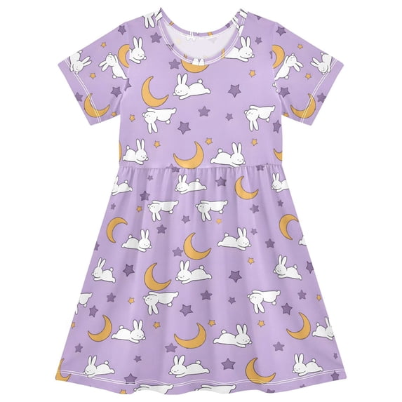 FORMRS Girls Short Sleeve Dress Summer Casual Round Neck A-line Beach Sundress, Sizes 2T-8T, Purple Cartoon Rabbit Pattern