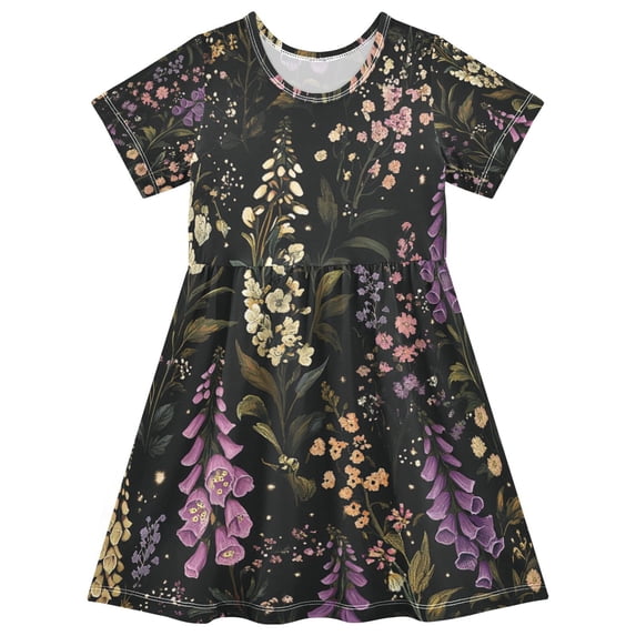 FORMRS Girls Short Sleeve Dress Summer Casual Round Neck A-line Beach Sundress, Sizes 2T-8T, Purple Floral Pattern