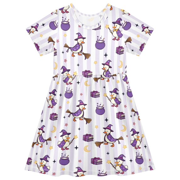 FORMRS Girls Short Sleeve Dress Summer Casual Round Neck A-line Beach Sundress, Sizes 2T-8T, Purple Halloween Gooses