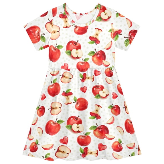 FORMRS Girls Short Sleeve Dress Summer Casual Round Neck A-line Beach Sundress, Sizes 2T-8T, Red Apple Heart Pattern