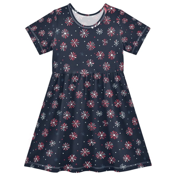FORMRS Girls Short Sleeve Dress Summer Casual Round Neck A-line Beach Sundress, Sizes 2T-8T, Red Fireworks Pattern