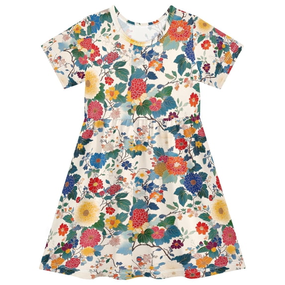 FORMRS Girls Short Sleeve Dress Summer Casual Round Neck A-line Beach Sundress, Sizes 2T-8T, Red Japanese Floral Pattern