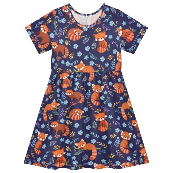 FORMRS Girls Short Sleeve Dress Summer Casual Round Neck A-line Beach Sundress, Sizes 2T-8T, Red Panda Pattern
