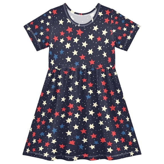 FORMRS Girls Short Sleeve Dress Summer Casual Round Neck A-line Beach Sundress, Sizes 2T-8T, Red Starry Pattern