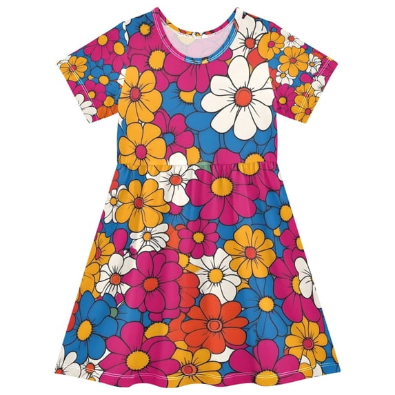 FORMRS Girls Short Sleeve Dress Summer Casual Round Neck A-line Beach Sundress, Sizes 2T-8T, Red Whimsical Floral