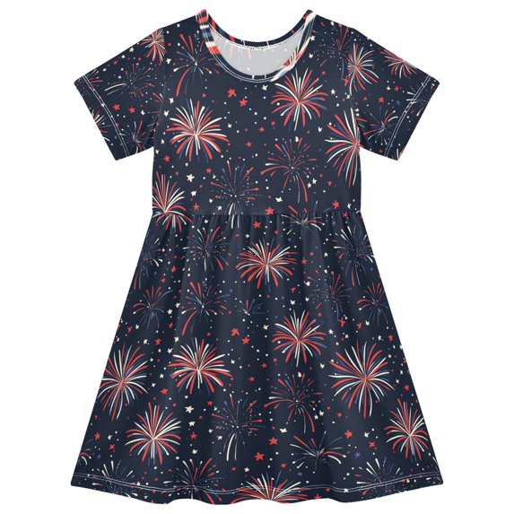 FORMRS Girls Short Sleeve Dress Summer Casual Round Neck A-line Beach Sundress, Sizes 2T-8T, Red and White Fireworks Pattern