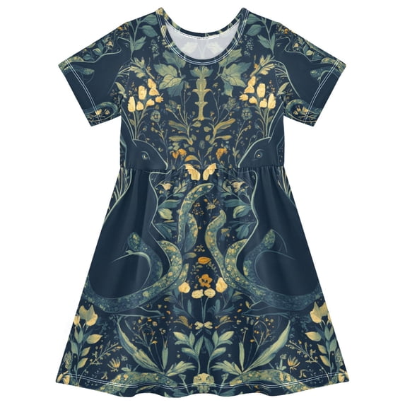 FORMRS Girls Short Sleeve Dress Summer Casual Round Neck A-line Beach Sundress, Sizes 2T-8T, Shadowy Forest Pattern