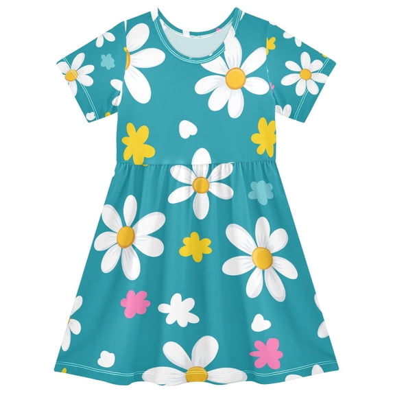 FORMRS Girls Short Sleeve Dress Summer Casual Round Neck A-line Beach Sundress, Sizes 2T-8T, Small Daisy