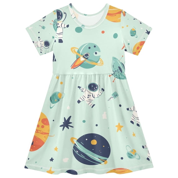 FORMRS Girls Short Sleeve Dress Summer Casual Round Neck A-line Beach Sundress, Sizes 2T-8T, Space Patterns