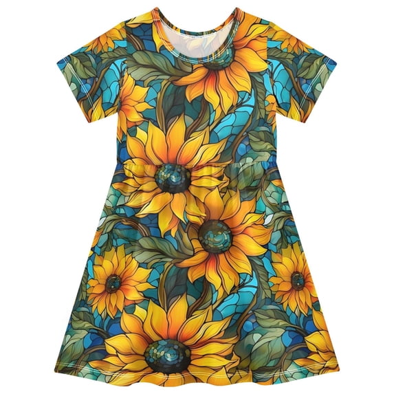 FORMRS Girls Short Sleeve Dress Summer Casual Round Neck A-line Beach Sundress, Sizes 2T-8T, Stained Glass Sunflowers Pattern